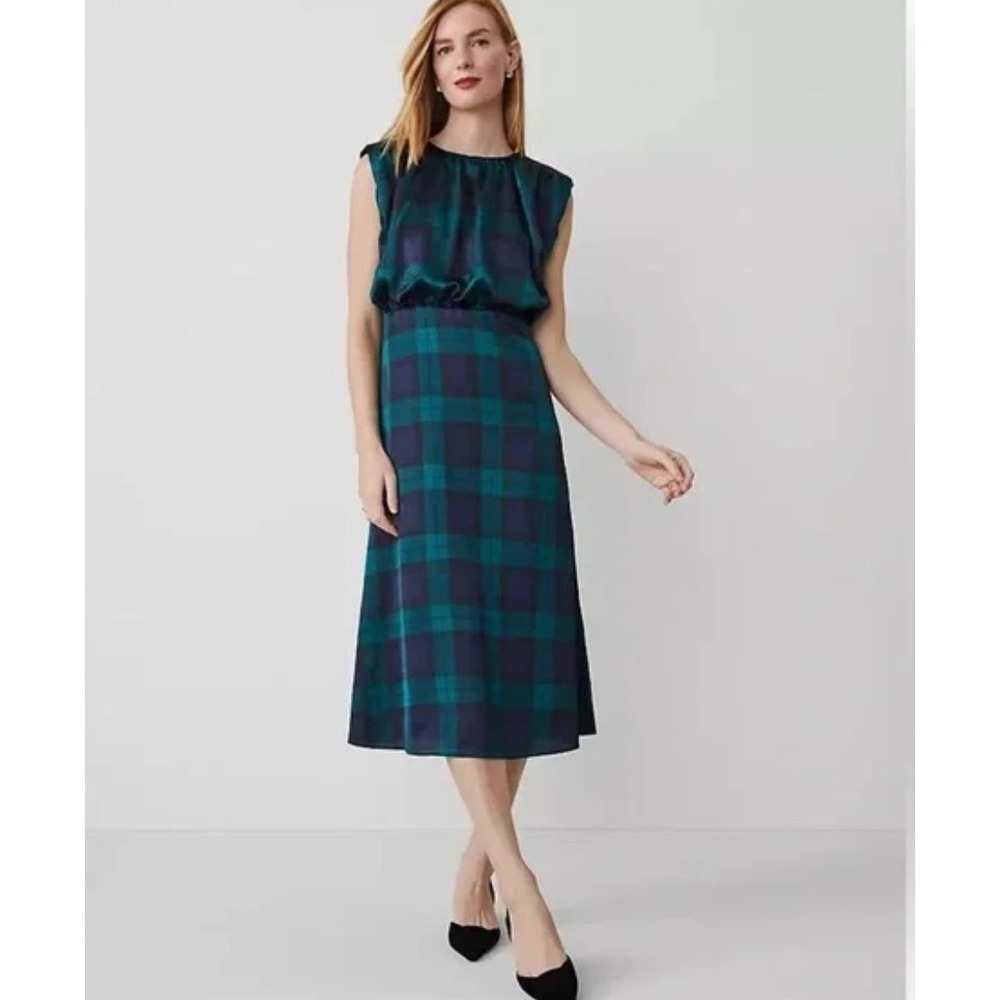 Ann Taylor Tartan Cap Sleeve Midi Dress Rainforest Size 6